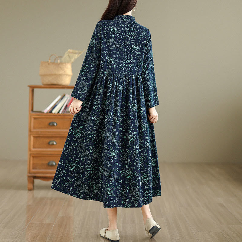 Buddha Stones Printed Floral Long Sleeve Stand Collar Cotton Maxi Dress With Pockets - image 3