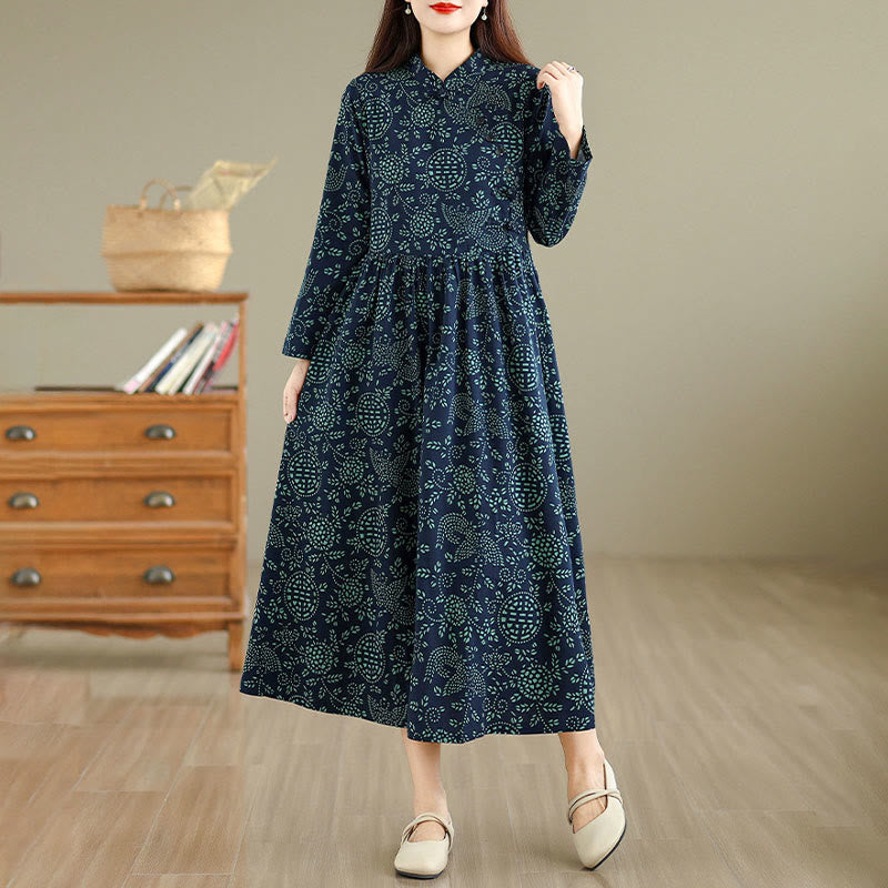 Buddha Stones Printed Floral Long Sleeve Stand Collar Cotton Maxi Dress With Pockets - image 4