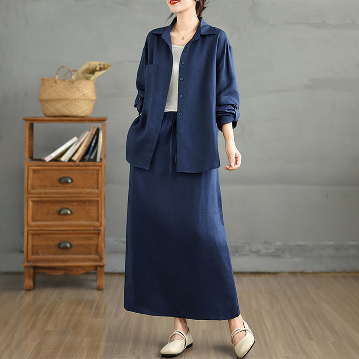Buddha Stones 2pcs Solid Color Long Sleeve Buttons Shirt 7-8 Length Skirt Cotton Set With Pockets  - image 2