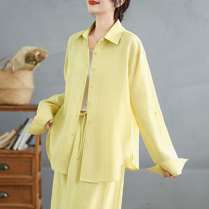 Buddha Stones 2pcs Solid Color Long Sleeve Buttons Shirt 7-8 Length Skirt Cotton Set With Pockets  - image 19