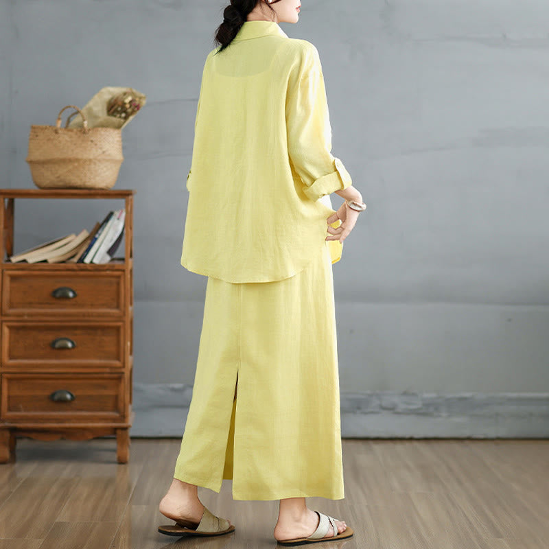 Buddha Stones 2pcs Solid Color Long Sleeve Buttons Shirt 7-8 Length Skirt Cotton Set With Pockets  - image 18