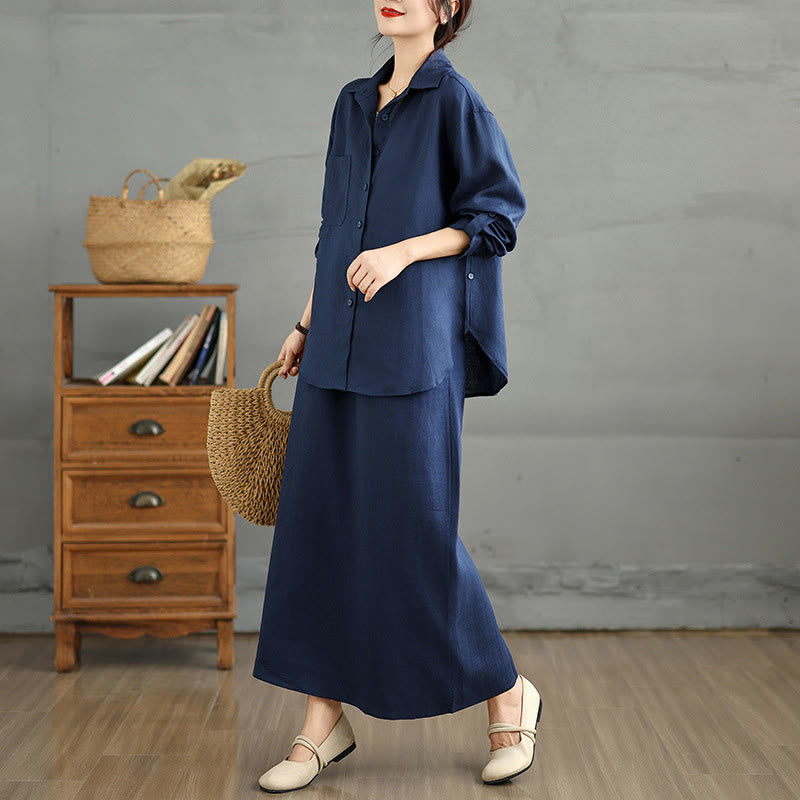 Buddha Stones 2pcs Solid Color Long Sleeve Buttons Shirt 7-8 Length Skirt Cotton Set With Pockets  - image 3
