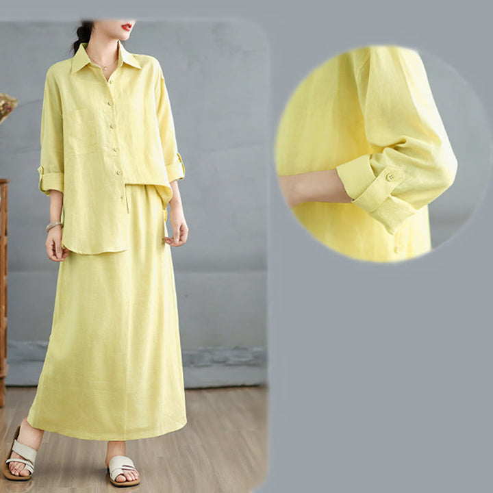 Buddha Stones 2pcs Solid Color Long Sleeve Buttons Shirt 7-8 Length Skirt Cotton Set With Pockets  - image 27