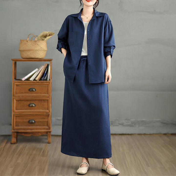 Buddha Stones 2pcs Solid Color Long Sleeve Buttons Shirt 7-8 Length Skirt Cotton Set With Pockets  - image 5