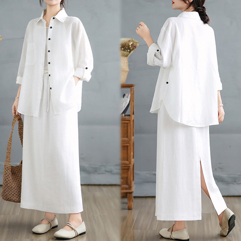 Buddha Stones 2pcs Solid Color Long Sleeve Buttons Shirt 7-8 Length Skirt Cotton Set With Pockets  - image 14