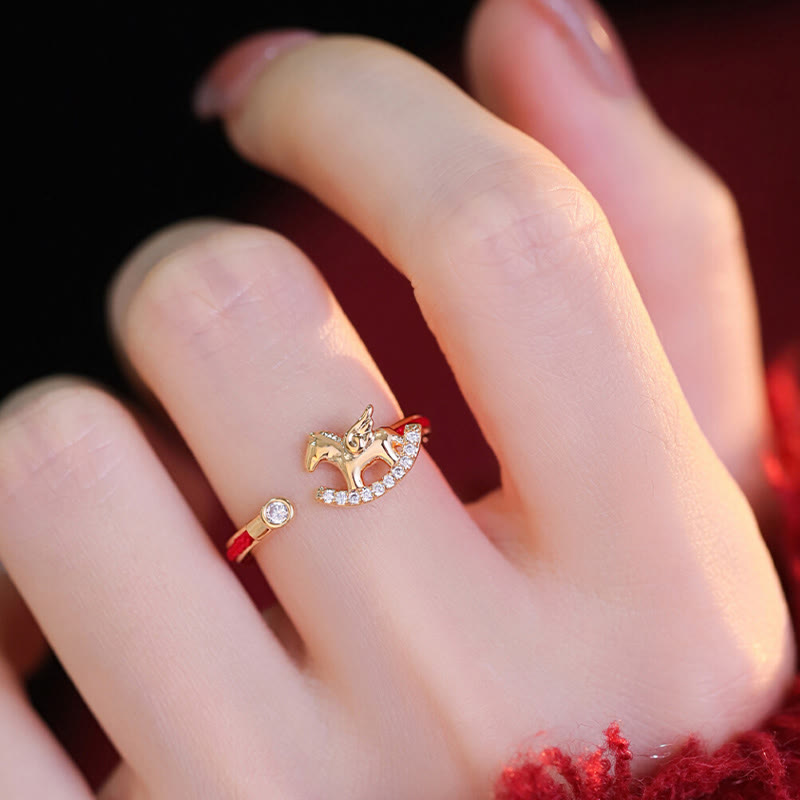 Buddha Stones Opening Copper Golden Year Of The Horse Luck Red String Ring - image 4