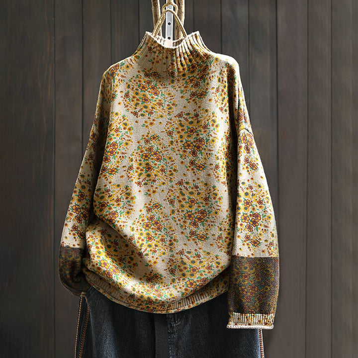 Buddha Stones Women's Knitted Floral Cotton Ribbed Hem Long Sleeve Mock Neck Sweater - PapayaWhip - US4-6，UK/AU8-10，EU36-38 (F) - image 0