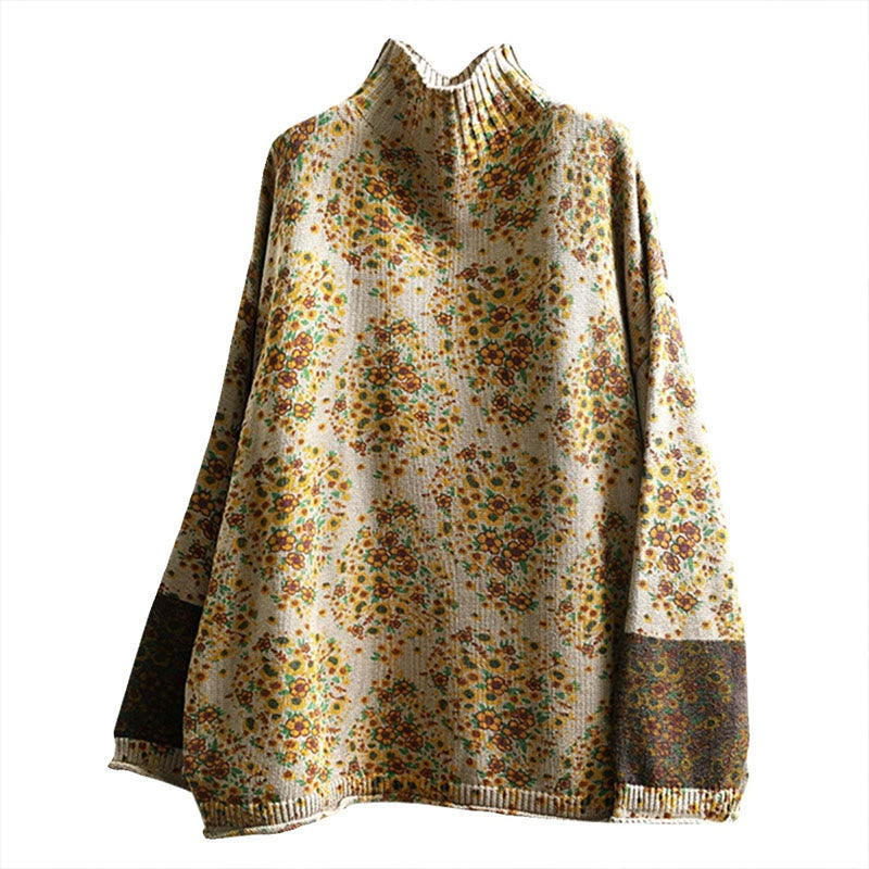 Buddha Stones Women's Knitted Floral Cotton Ribbed Hem Long Sleeve Mock Neck Sweater - image 11