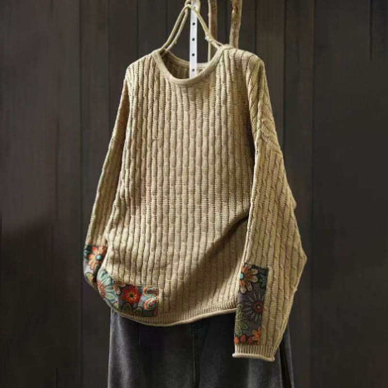 Buddha Stones Winter Patchwork Design Long Sleeve Crew Neck Women's Cotton Sweater - PaleGoldenrod - US4-12，UK/AU8-16，EU36-44 (F) - image 1