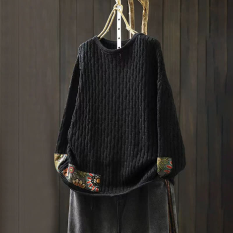 Buddha Stones Winter Patchwork Design Long Sleeve Crew Neck Women's Cotton Sweater - Black - US4-12，UK/AU8-16，EU36-44 (F) - image 10