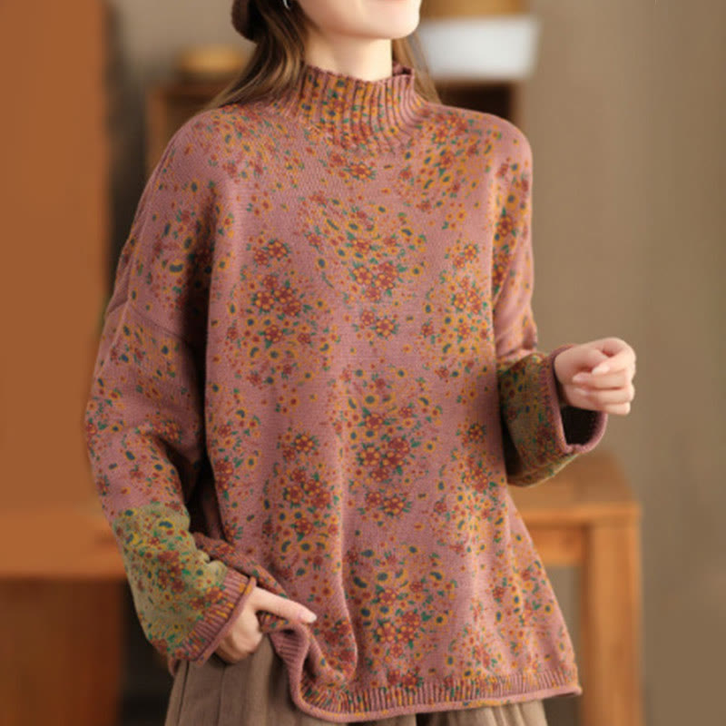 Buddha Stones Fall Printing Floral Long Sleeve Mock Neck Women's Knitted Sweater - SandyBrown - US4-12，UK/AU8-16，EU36-44 (F) - image 0