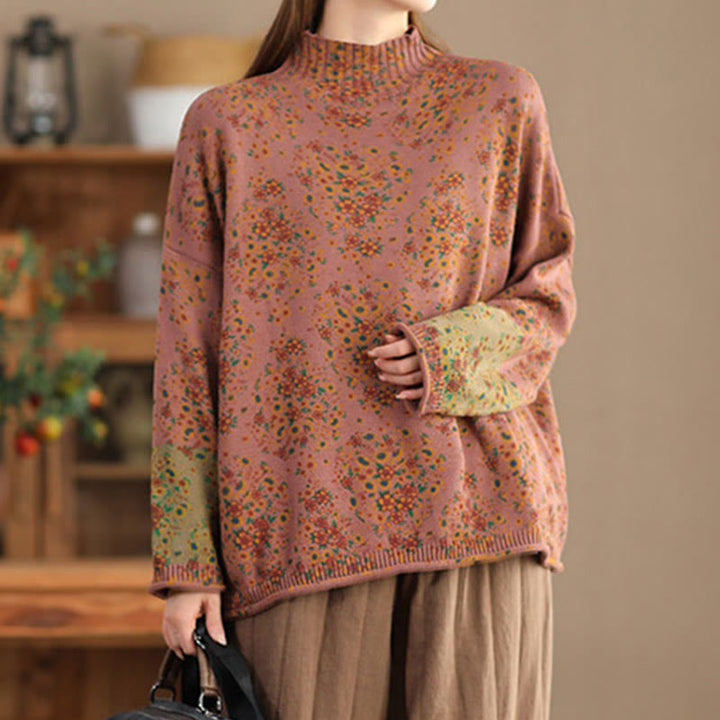 Buddha Stones Fall Printing Floral Long Sleeve Mock Neck Women's Knitted Sweater - image 1
