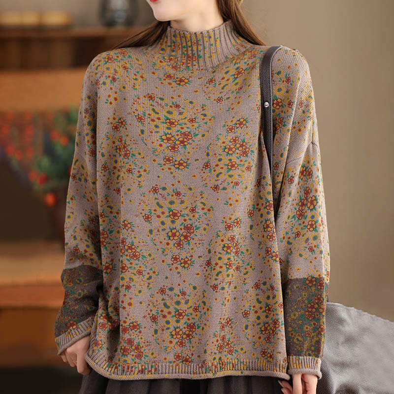 Buddha Stones Fall Printing Floral Long Sleeve Mock Neck Women's Knitted Sweater - image 12