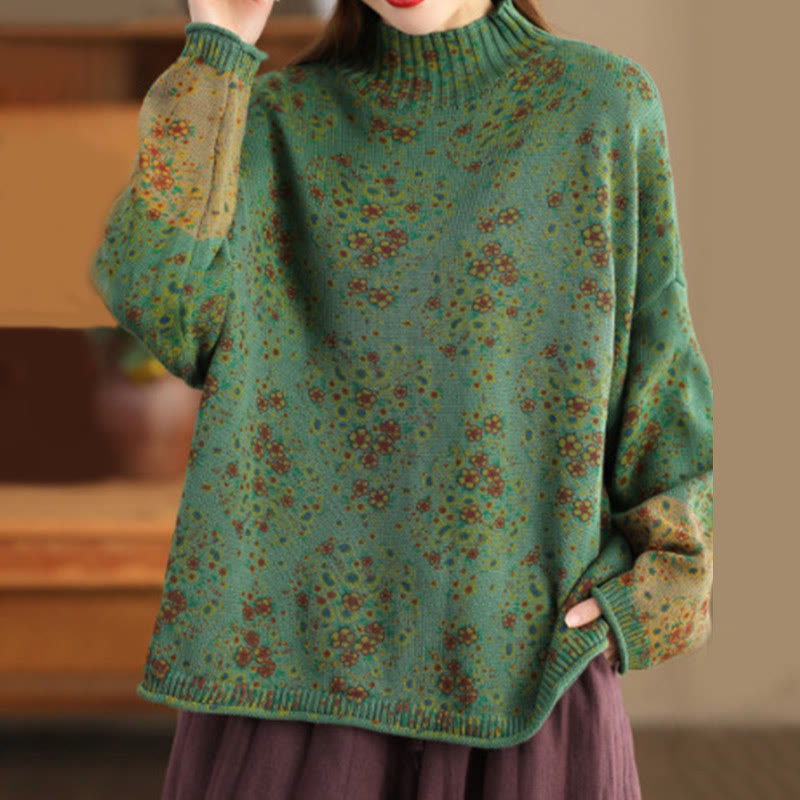Buddha Stones Fall Printing Floral Long Sleeve Mock Neck Women's Knitted Cotton Sweater - SeaGreen - US4-12，UK/AU8-16，EU36-44 (F) - image 15