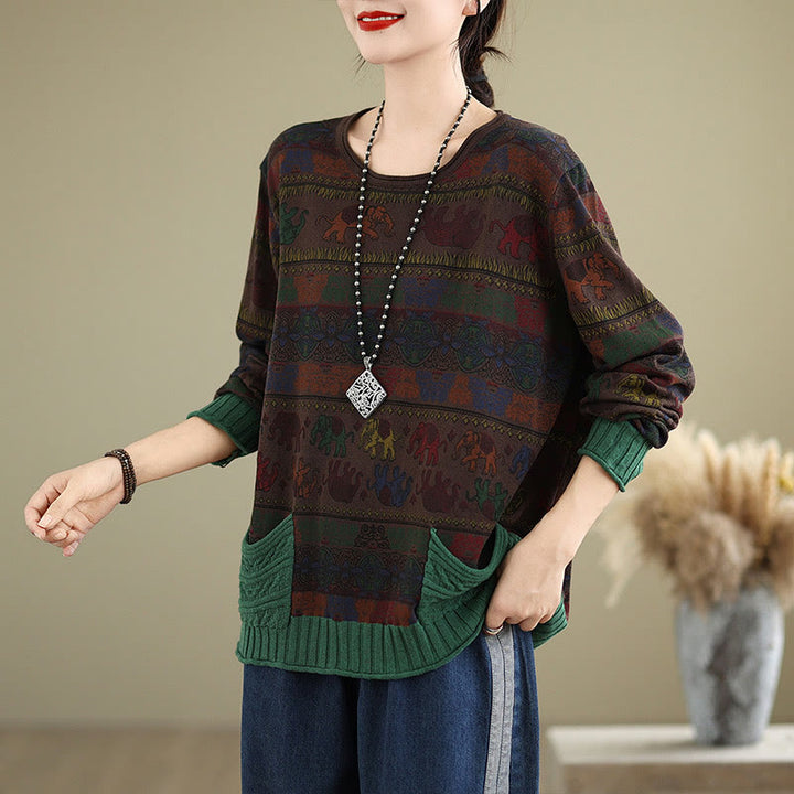 Buddha Stones Fall Elephant Pattern Knitted Cotton Women's Long Sleeve Sweater With Pockets - image 16