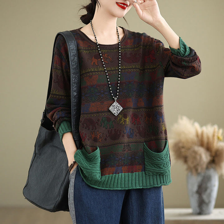 Buddha Stones Fall Elephant Pattern Knitted Cotton Women's Long Sleeve Sweater With Pockets - SaddleBrown - US4-6，UK/AU8-10，EU36-38 (F) - image 13