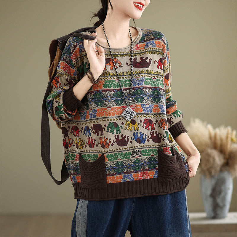 Buddha Stones Fall Elephant Pattern Knitted Cotton Women's Long Sleeve Sweater With Pockets - Tan - US4-6，UK/AU8-10，EU36-38 (F) - image 1