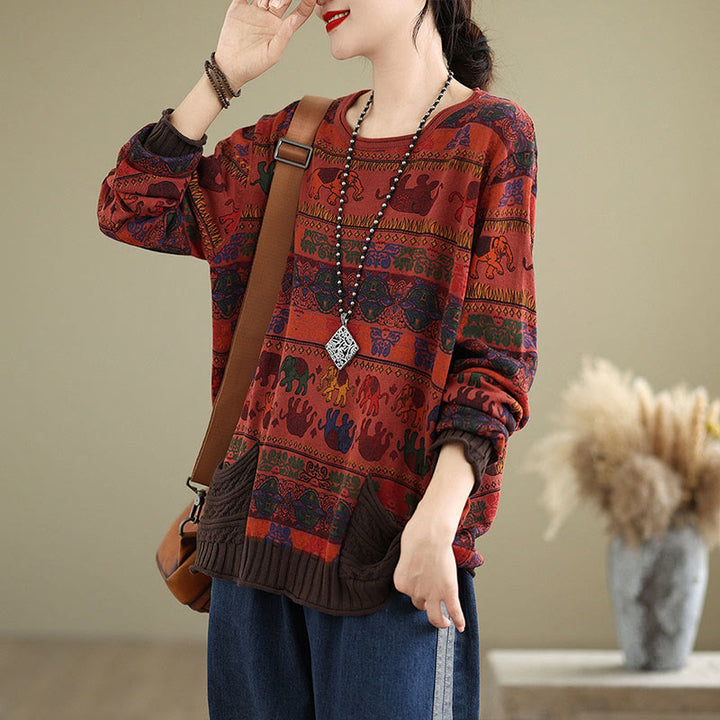 Buddha Stones Fall Elephant Pattern Knitted Cotton Women's Long Sleeve Sweater With Pockets - image 22