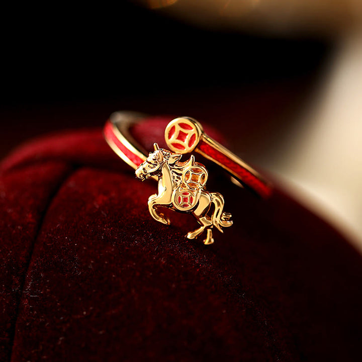 Buddha Stones Copper Red String Copper Coins Year Of The Horse Opening Balance Ring - Copper Horse(Inner Diameter: 17mm) - image 0