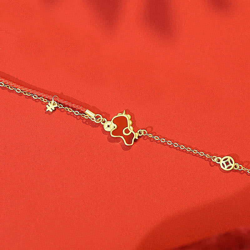 Buddha Stones 925 Sterling Silver Coin Red Agate Year Of The Horse Asymmetric Protection Earrings - Golden Horse Bracelet - image 12