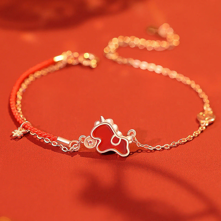 Buddha Stones 925 Sterling Silver Year Of The Horse Coin Charm Red Agate Blessing Necklace Pendant - Horse Bracelet - image 8