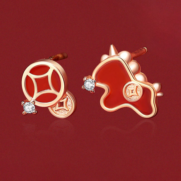 Buddha Stones 925 Sterling Silver Coin Red Agate Year Of The Horse Asymmetric Protection Earrings - image 2