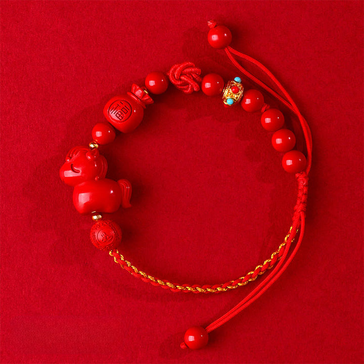 Buddha Stones Year of the Horse Natural Cinnabar Fu Character Lucky Bag Blessing Bracelet - image 2
