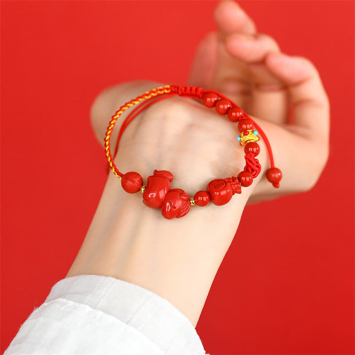 Buddha Stones Year of the Horse Natural Cinnabar Fu Character Lucky Bag Blessing Bracelet - image 3
