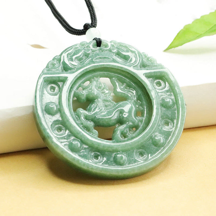 Buddha Stones Year of the Horse Round Jade Luck Rope Necklace Pendant - image 1