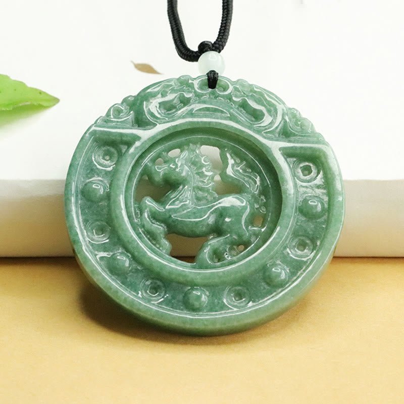 Buddha Stones Year of the Horse Round Jade Luck Rope Necklace Pendant - Horse - image 0