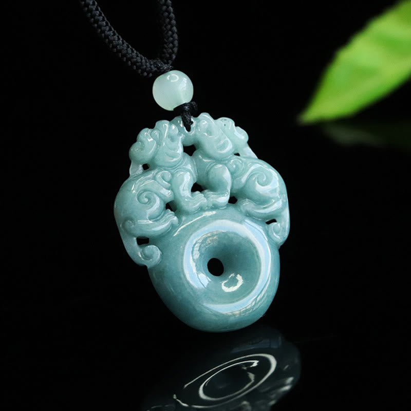 Buddha Stones Double PiXiu Jade Peace Buckle Wealth Luck String Necklace Pendant - image 1