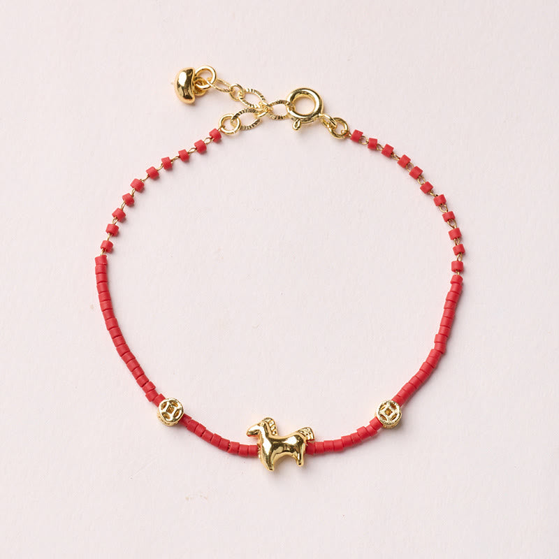 Buddha Stones 925 Sterling Silver Plated Gold Year of the Horse Red Liuli Glass Buddha Prosperity Bracelet - Horse Bracelet - image 1