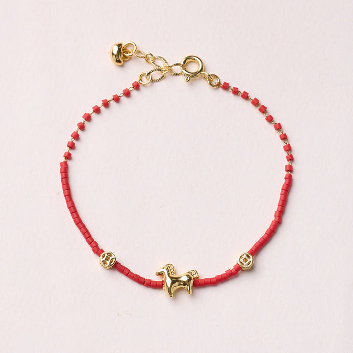 Buddha Stones 925 Sterling Silver Plated Gold Year of the Horse Red Liuli Glass Buddha Prosperity Bracelet - Horse Bracelet - image 1