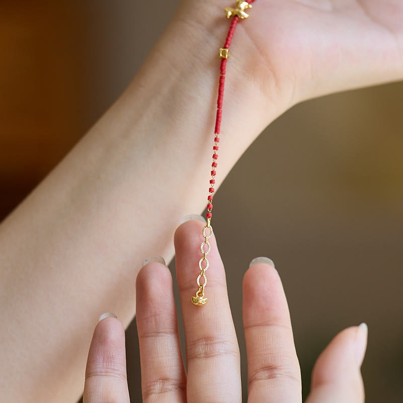 Buddha Stones 925 Sterling Silver Plated Gold Year of the Horse Red Liuli Glass Buddha Prosperity Bracelet - image 4