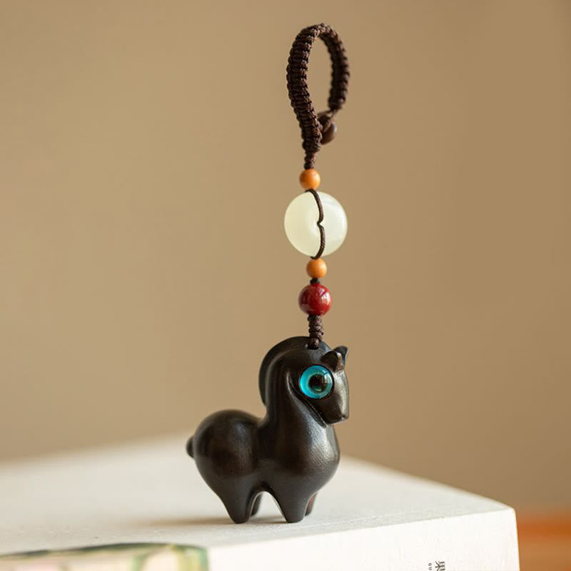 Buddha Stones Year of the Horse Small Leaf Red Sandalwood Green Sandalwood Ebony Wood Calm Key Chain - Ebony Wood - Button Rope - image 0