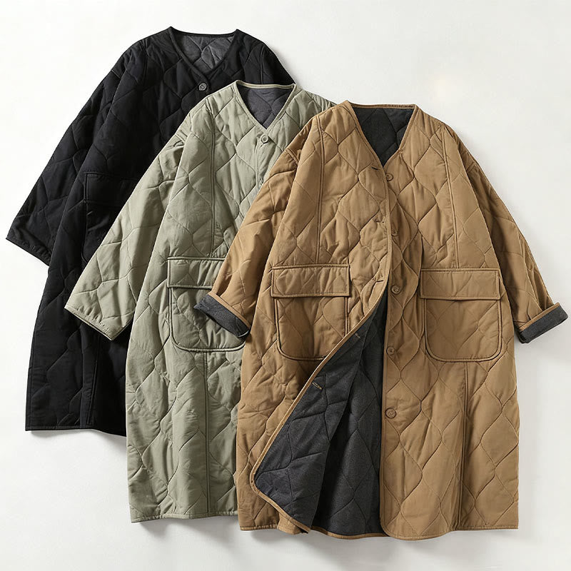 Buddha Stones Plain Buttons V-Neck Long Sleeve Women's Cotton Coat With Pockets - image 7