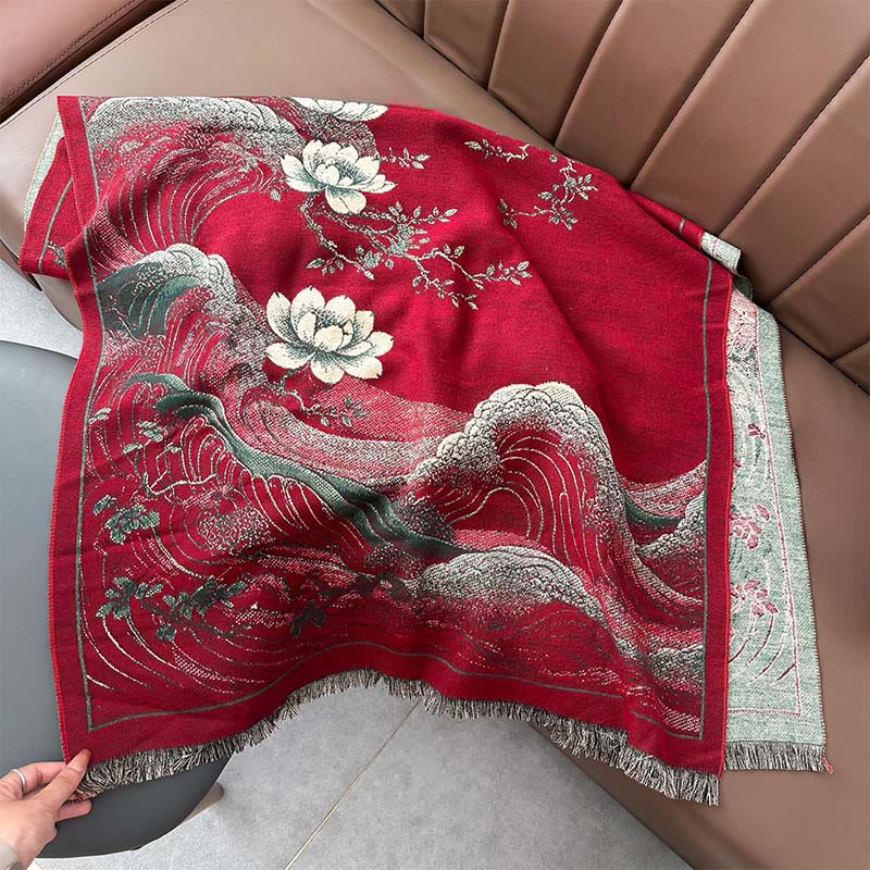 Buddha Stones Fall Lotus Flowers Ocean Waves Pattern Soft Scarf Tassel Shawl - image 5