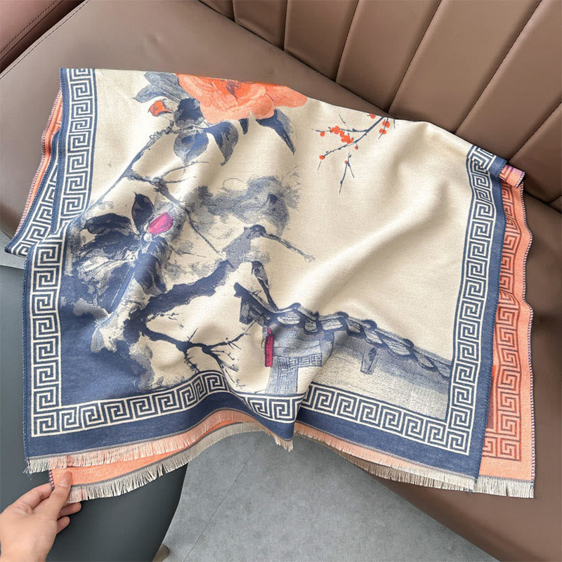 Buddha Stones Fall Plum Blossom Eaves Ink Painting Pattern Cozy Scarf Shawl - LightSteelBlue - 180*65 cm - image 8