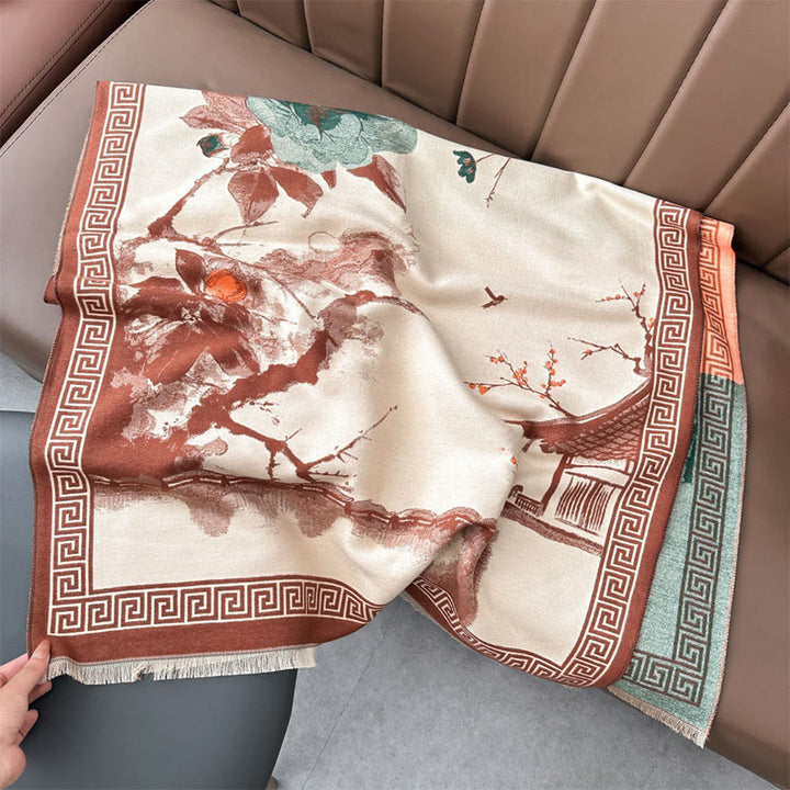 Buddha Stones Fall Plum Blossom Eaves Ink Painting Pattern Cozy Scarf Shawl - image 1