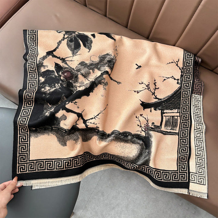 Buddha Stones Fall Plum Blossom Eaves Ink Painting Pattern Cozy Scarf Shawl - Black - 180*65 cm - image 16