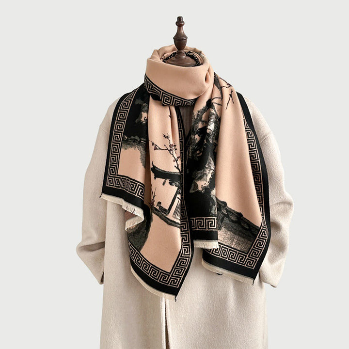 Buddha Stones Fall Plum Blossom Eaves Ink Painting Pattern Cozy Scarf Shawl - image 19