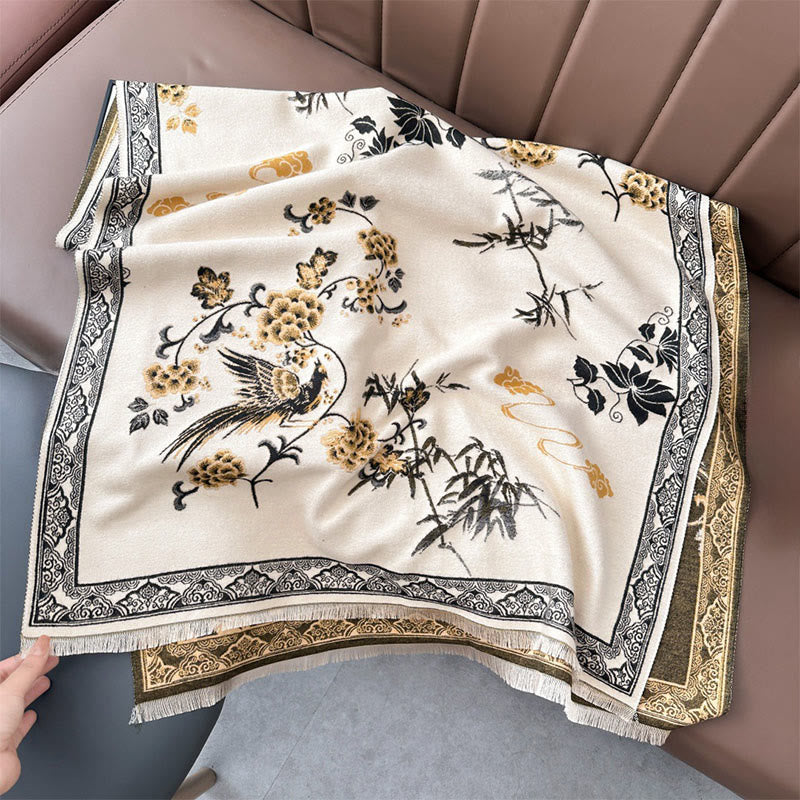 Buddha Stones Winter Birds Bamboo Leaves Vines Pattern Soft Scarf Shawl - Beige - 180*65cm - image 8