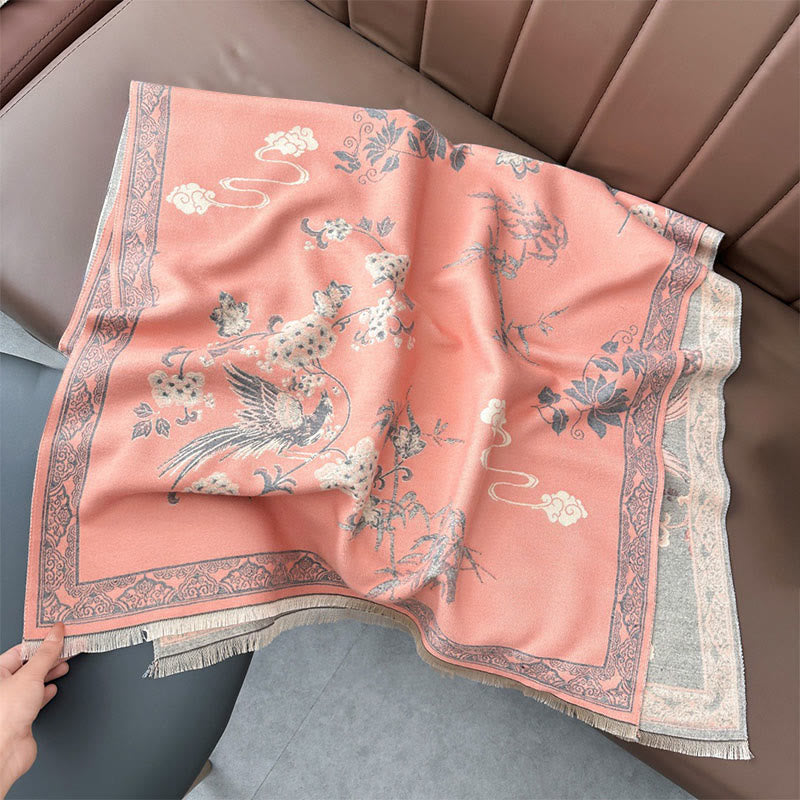 Buddha Stones Winter Birds Bamboo Leaves Vines Pattern Soft Scarf Shawl - image 2