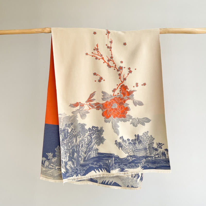 Buddha Stones Fall Flowers Trees Pavilion Pattern Cozy Scarf Shawl - image 1