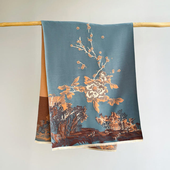 Buddha Stones Fall Flowers Trees Pavilion Pattern Cozy Scarf Shawl - SkyBlue - 180*65cm - image 9