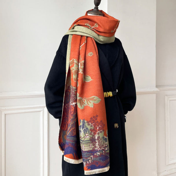 Buddha Stones Fall Flowers Trees Pavilion Pattern Cozy Scarf Shawl - image 8