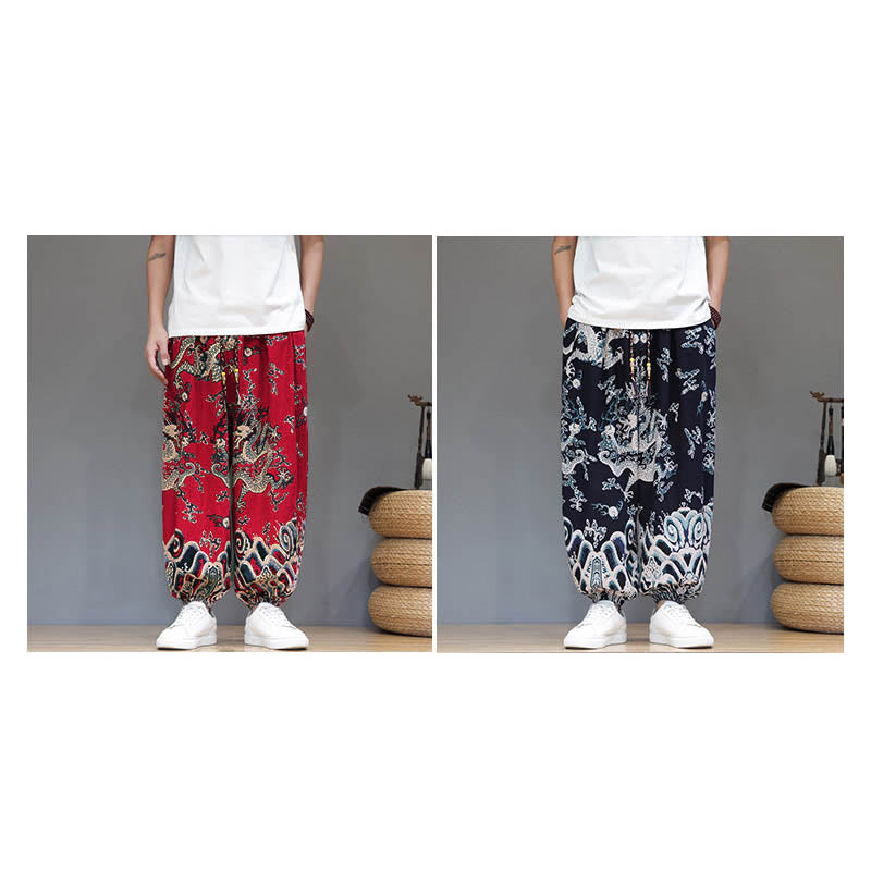 Buddha Stones Summer Dragon Drawstring Design Cotton Linen Men's Harem Pants With Pockets - image 18