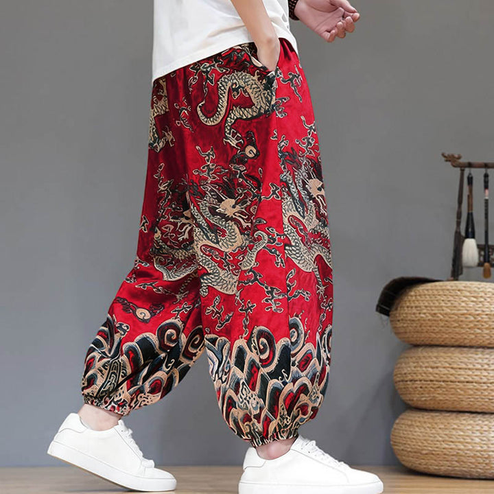 Buddha Stones Summer Dragon Drawstring Design Cotton Linen Men's Harem Pants With Pockets - image 2