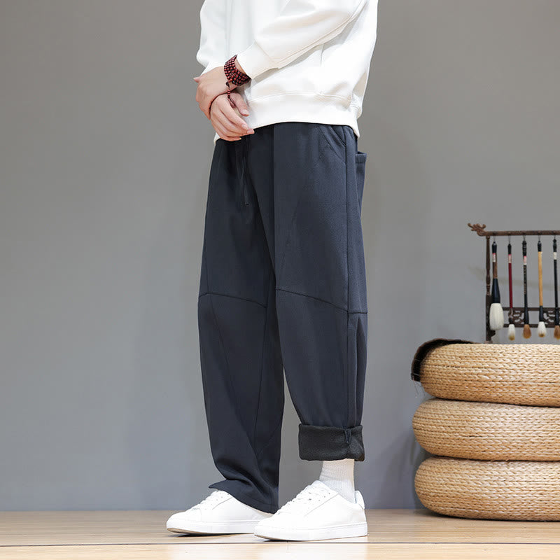 Buddha Stones Winter Solid Color Fleece-lined Men's Cotton Linen Pants With Pockets - image 2