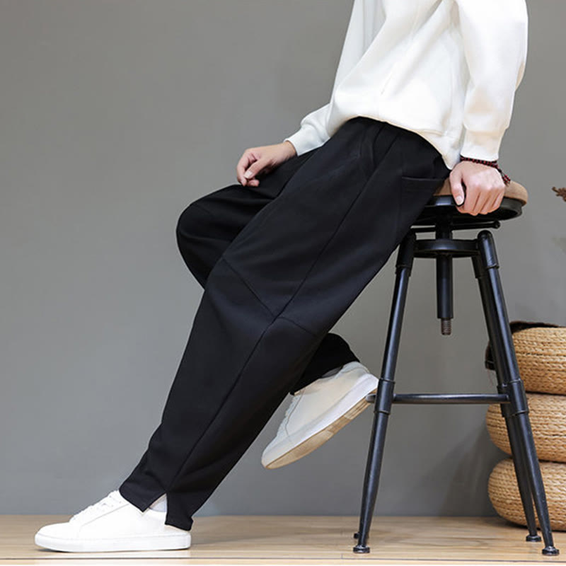 Buddha Stones Winter Solid Color Fleece-lined Men's Cotton Linen Pants With Pockets - image 16